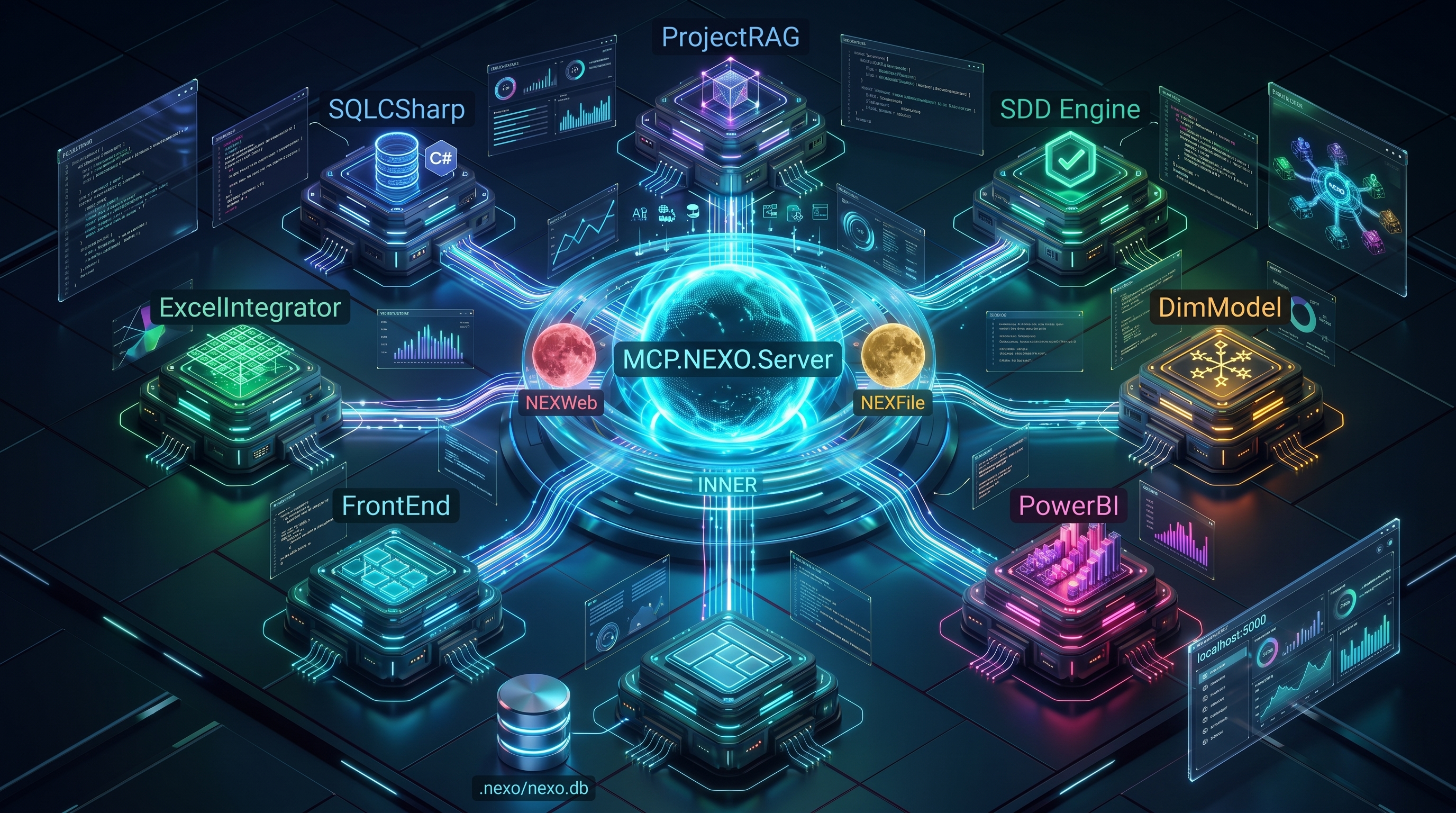 Arquitectura MCP NEXO: servidor orquestador central con nodos satélite especializados en doble órbita